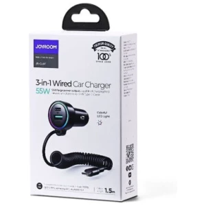 Joyroom Car Charger 3-in-1, C+U with Type-C Coiled Cable 1.5m, 55W, Black (JR-CL07)