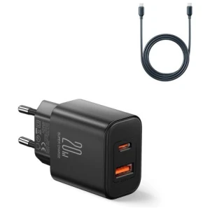 Joyroom Travel Charger U+C, PD 20W with Type-C to Type-C Cable, 1m, Black (JR-TCF05)