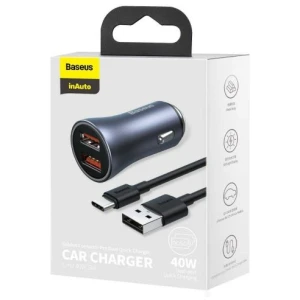 Baseus Car Charger Golden Contactor Pro with (USB/Type-C cable 5A), 2xUSB Quick Charge, SCP, FCP, AFC 40W Gray (TZCCJD-A0G) - Image 2