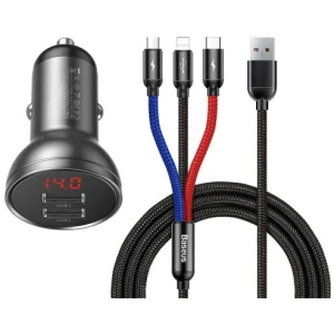 Baseus Car Charger Digital Display 2xUSB with 3-in-1 Cable 1.2m, 24W 4.8A, Black/Gray (TZCCBX-0G) - Image 3