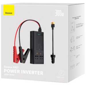 Baseus Car Power Inverter IGBT 300W/ 220V (C+U + Dual EU plug) with 12V clamp cables (0.40m) and Cigarette Lighter Socket Cable (0.60m), Black (CGNB010101)