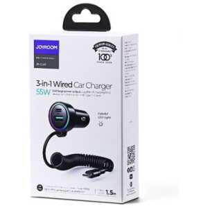Joyroom Car Charger 3-in-1, C+U with Type-C Coiled Cable 1.5m, 55W, Black (JR-CL07)
