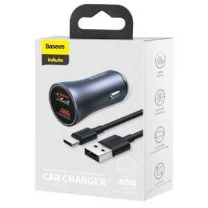 Baseus Car Charger Golden Contactor Pro with (USB/Type-C cable 5A), 2xUSB Quick Charge, SCP, FCP, AFC 40W Gray (TZCCJD-A0G)