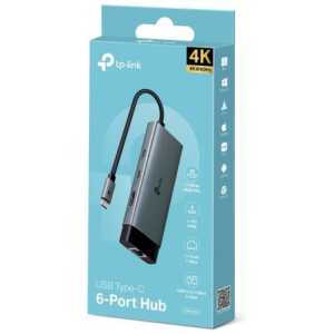 TP-Link Adapter HUB 6-in-1 UH6120C Type-C to 2xType-C, 3xUSB 3.0, HDMI 4K 60Hz, RJ45, 1000Mbps Black EU