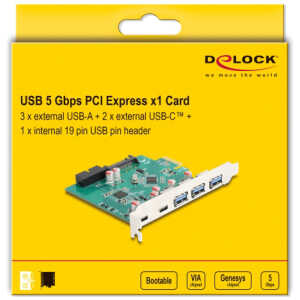 DELOCK κάρτα επέκτασης PCIe x1 σε 3x USB/2x USB-C/19-pin 90109, 5Gbps - Image 4