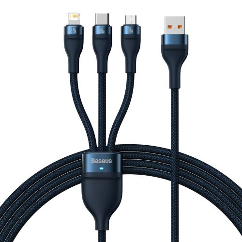 Baseus Universal Cable Flash Series II 3-in-1 Fast Charging Data Cable (USB-A to Micro + Lightning + Type-C) 66W, 480mbps, 1.2m, Blue (CASS040003) - Image 3