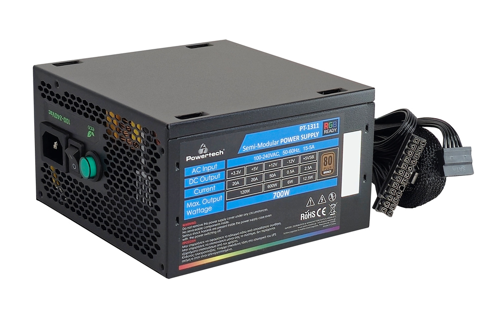 POWERTECH τροφοδοτικό PC PT-1311, 80PLUS Bronze, 700W, ATX, 120mm RGB Fan, Semi Modular - Image 3