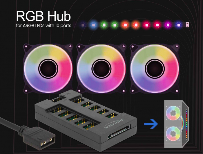 DELOCK RGB hub 64128 για ARGB LEDs, 10 θύρες, μαύρο - Image 2