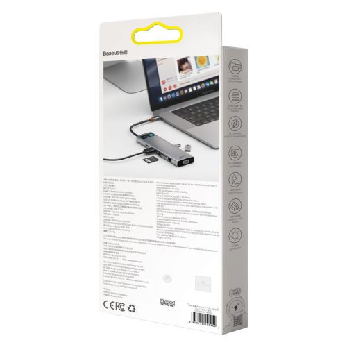 Baseus HUB Metal Gleam Series 11-in-1 Multifunctional (Type-C to 3xUSB3.2/PD 100W/3,5 mm Jack/VGA Full HD 60Hz/2xHDMI 4K/TF+SD card/ RJ45) Space Gray (CAHUB-CT0G) - Image 3