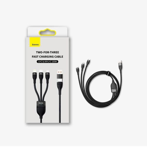 Baseus Universal Flash Series II 3-in-1 Fast Charging Data Cable (USB-A to Micro + Lightning + Type-C) QC, PD 100W, 1.2m, Black (CASS030101)