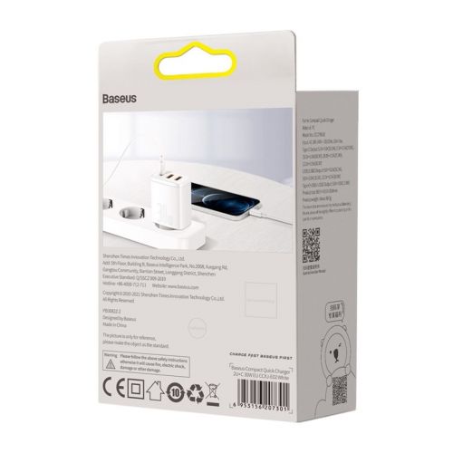 Baseus Travel Charger Compact Quick Charger U+U+C PD3.0, QC 3.0 30W EU White (CCXJ-E02) - Image 3