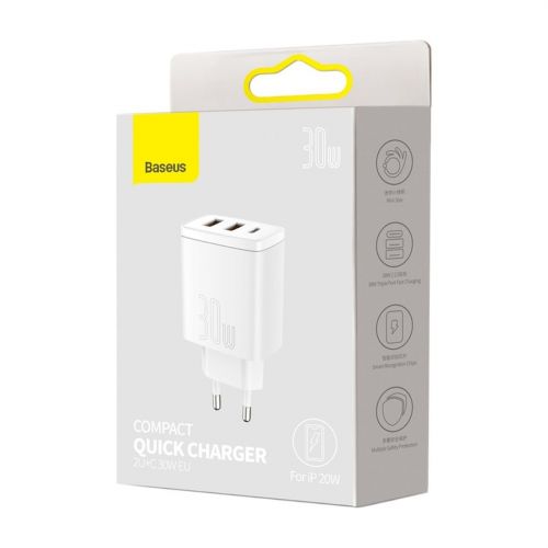 Baseus Travel Charger Compact Quick Charger U+U+C PD3.0, QC 3.0 30W EU White (CCXJ-E02) - Image 2