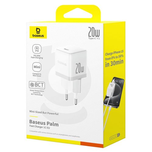Baseus Travel Charger Palm Series Type-C, PD 3.0, QC 3.0, 20W, White EU (P10111602213-00)
