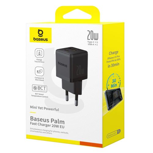 Baseus Travel Charger Palm Series, C+U, PD 3.0, QC 3.0, 20W, Black EU (P10111608113-00)