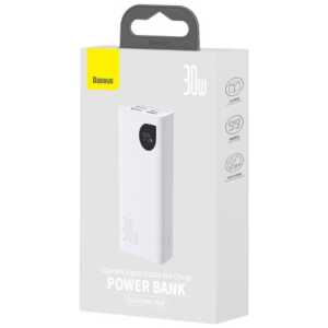Baseus Power Bank Adaman2 with Digital display, C+U+U, PD 3.0, QC 3.0, 30W, 10000 mAh, with Type-C cable (0.3m), White (PPAD080002)