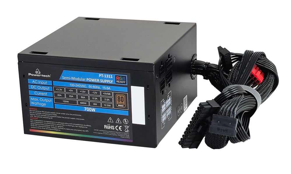 POWERTECH τροφοδοτικό PC PT-1311, 80PLUS Bronze, 700W, ATX, 120mm RGB Fan, Semi Modular - Image 5