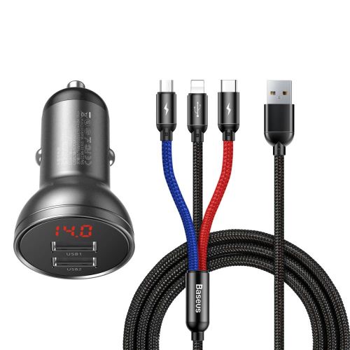 Baseus Car Charger Digital Display 2xUSB with 3-in-1 Cable 1.2m, 24W 4.8A, Black/Gray (TZCCBX-0G) - Image 3