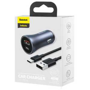 Baseus Car Charger Golden Contactor Pro Dual Quick Charger U+C, PD 3.0, QC 4+, SCP FCP AFC (with USB - Type C 1m cable) Gray (TZCCJD-0G)