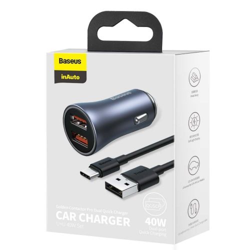Baseus Car Charger Golden Contactor Pro with (USB/Type-C cable 5A), 2xUSB Quick Charge, SCP, FCP, AFC, 40W, Gray (TZCCJD-A0G) - Image 2