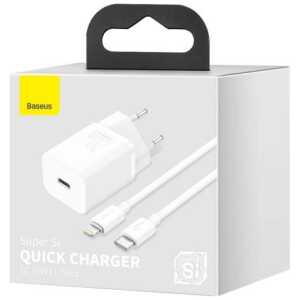 Baseus Travel Charger set Super Si 1C QC (With Simple Wisdom Cable Type-C to Lightning 1m), 20W, White (TZCCSUP-B02)