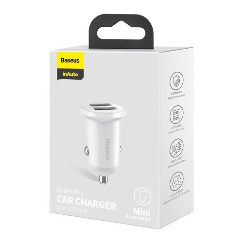 Baseus Car Charger Grain Pro Dual USB 4.8A White (CCALLP-02) - Image 2
