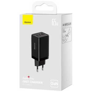 Baseus Travel Charger GaN5 Pro Fast wall charger, C+C+U, QC, AFC, PD 65W with Type-C to Type-C (100W) 1m, Black EU (CCGP120201)