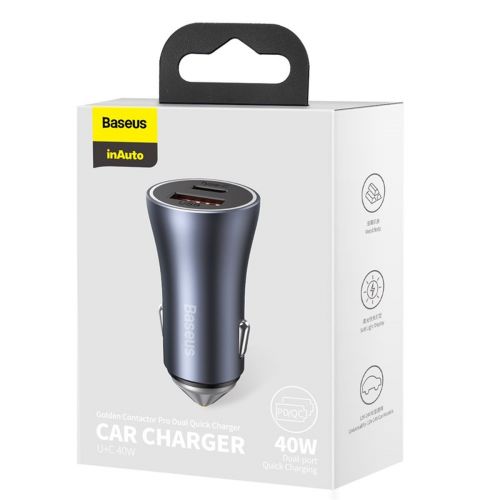 Baseus Car Charger Golden Contactor Pro Dual Quick Charger U+C Power Delivery 3.0 Quick Charge 4, SCP FCP AFC 40W Dark Gray (CCJD-0G) - Image 2