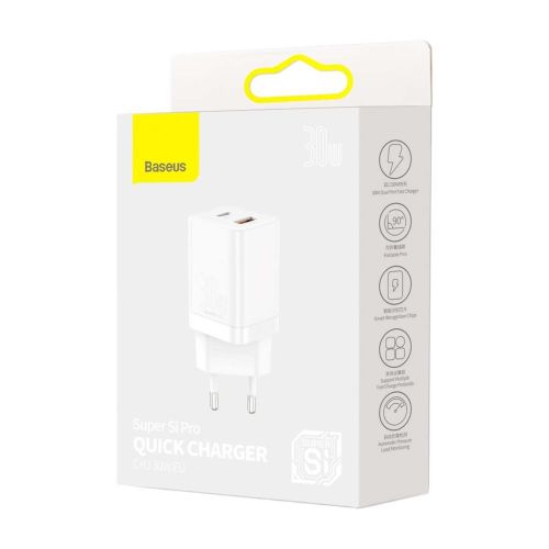 Baseus Travel Charger Super Si Pro mini Fast Charger, C+U, PD 3.0, QC 3.0 30W EU White (CCSUPP-E02) - Image 2