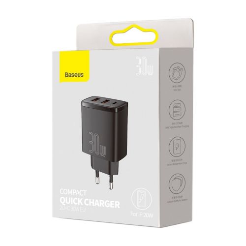 Baseus Travel Charger Compact Quick Charger U+U+C PD3.0, QC 3.0 30W EU Black (CCXJ-E01) - Image 2