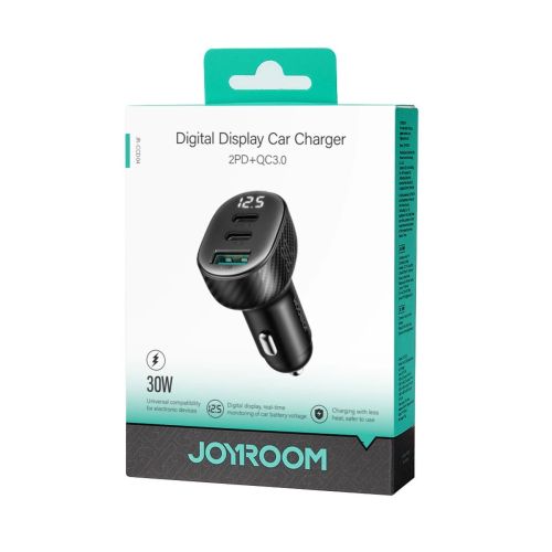 Joyroom Car Charger with Digital Display, C+C+U, 30W, Black (JR-CCD04) - Image 2