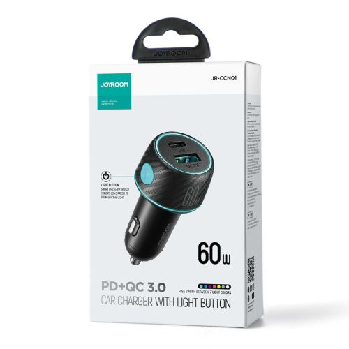 Joyroom Car Charger U+C, QC 3.0, PD, 60W, RGB, Black (JR-CCN01) - Image 2