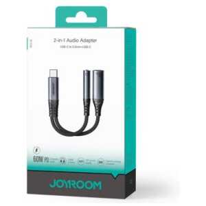 Joyroom Adapter DAC 2-in-1 Type-C to 3.5mm Mini Jack/ Type-C, 60W, 0.14m, Black (SY-C02)