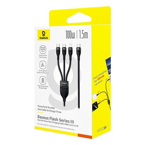 Baseus Cable Flash Series 3-in-1 Fast Charging Data Cable (Type-C to Lightning + Type-C + Type-C), 100W, 1.5m Black (P10377502111-00) - Image 2