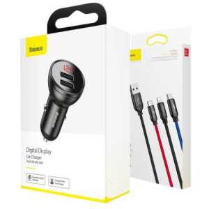 Baseus Car Charger Digital Display 2xUSB with 3-in-1 Cable 1.2m, 24W 4.8A, Black/Gray (TZCCBX-0G)