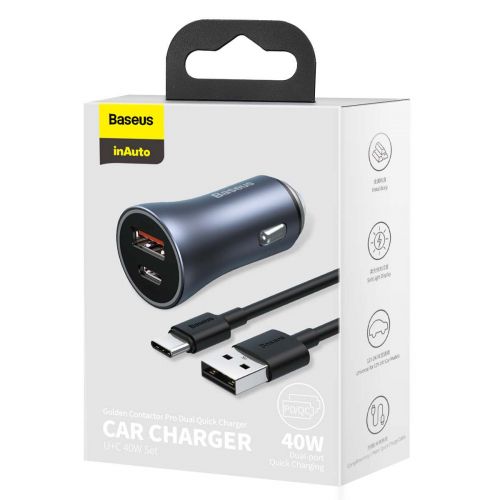 Baseus Car Charger Golden Contactor Pro Dual Quick Charger U+C, PD 3.0, QC 4+, SCP FCP AFC (with USB - Type C 1m cable) Gray (TZCCJD-0G) - Image 2