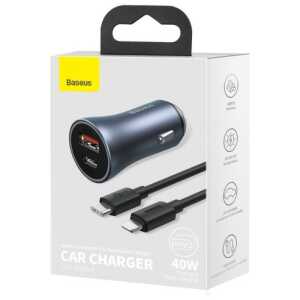 Baseus Car Charger Golden Contactor Pro Dual Quick Charger U+C, PD 3.0, QC 4+, SCP FCP AFC (With Type-C - Lightning 1m Black) 40W Dark Gray (TZCCJD-B0G)