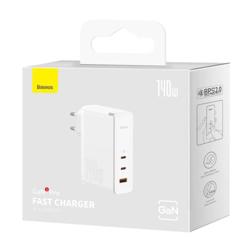 Baseus Travel Charger GaN5 Pro Fast wall charger, C+C+U, 140W White EU (CCGP100202) - Image 2