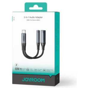 Joyroom Adapter DAC 2-in-1 Type-C to 3.5mm Mini Jack/ Type-C, 60W, 0.14m, Black (SY-C02)