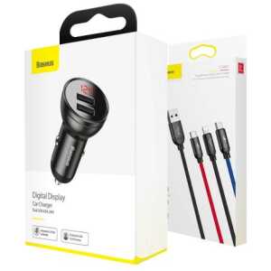 Baseus Car Charger Digital Display 2xUSB with 3-in-1 Cable 1.2m, 24W 4.8A, Black/Gray (TZCCBX-0G)