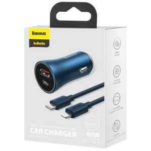 Baseus Car Charger Golden Contactor Pro Dual Quick Charger U+C, PD 3.0, QC 4+, SCP FCP AFC (with Type-C - Lightning 1m Blue) 40W blue (TZCCJD-03)