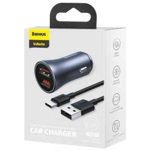Baseus Car Charger Golden Contactor Pro with (USB/Type-C cable 5A), 2xUSB Quick Charge, SCP, FCP, AFC, 40W, Gray (TZCCJD-A0G)