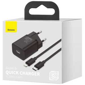Baseus Travel Charger set Super Si 1C QC (With Simple Wisdom Cable Type-C to Lightning 1m) 20W EU Black (TZCCSUP-B01)