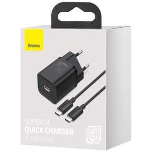 Baseus Travel Charger set Super Si 1C QC (With Mini Black Cable Type-C to Type-C 3A 1m) 25W EU Black (TZCCSUP-L01)