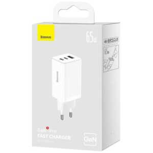Baseus Travel Charger GaN5 Pro Fast wall charger, C+C+U, QC, AFC, PD 65W with Type-C to Type-C (100W) 1m, White EU (CCGP120202)