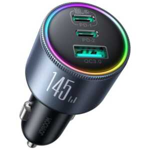 Joyroom Car Charger Mini, C+C+U, 145W with Type-C to Type-C Cable 100W, Black (JR-CCN07)