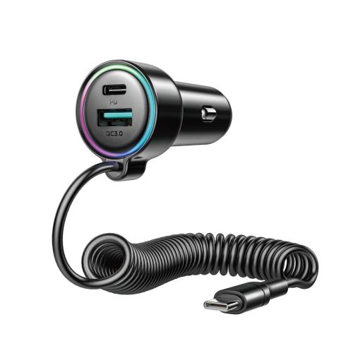 Joyroom Car Charger 3-in-1, C+U with Type-C Coiled Cable 1.6m, 72W, Black (JR-CL07)