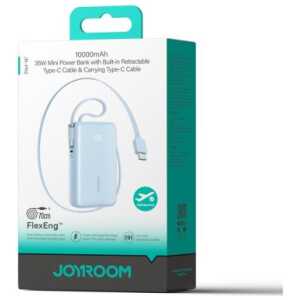 Joyroom Power Bank with Digital Display, C+U+U, PD 35W, 10000 mAh with Built-in Retractable 2x Type-C Lanyard cable (0.7m) Blue (JR-PR2L)