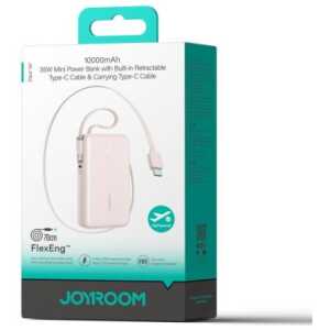 Joyroom Power Bank with Digital Display, C+U+U, PD 35W, 10000 mAh with Built-in Retractable 2x Type-C Lanyard cable (0.7m) Pink (JR-PR2L)