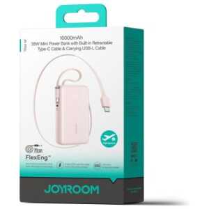 Joyroom Power Bank with Digital Display, C+U+U, PD 35W, 10000 mAh with Built-in Retractable Typle-C and Lightning Lanyard cable (0.7m) Pink(JR-PR2L)