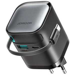 Joyroom Travel Charger GaN Fast Charger C+U, 65W, PD 3.0, QC 3.0, with Bulit-in Retractable Type-C cable (0.7m) Black (JR-TCL02)